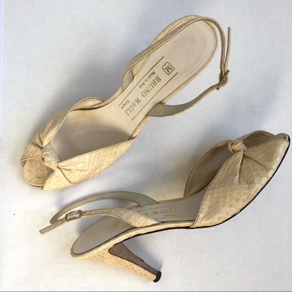 Vintage Bruno Magli Made in Italy Cream Snake Skin Peeptoe Slingback Heels - Picture 1 of 9